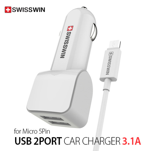[S.J]스위스윈 USB 2포트 차량용 충전기 3.1A (마이크로 5핀 케이블 포함)/ * 반품 불가 상품 *